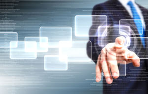 A professional's hand selecting options on a futuristic digital screen, representing the 'Configure' step in a quote-to-cash solution.